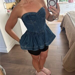 Forever 21 Strapless Dark Blue Denim Peplum Top